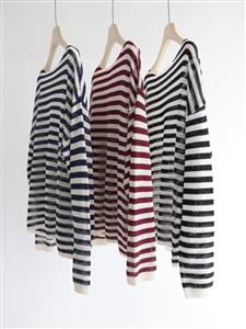 Women's Spring/Summer New Loose Casual Knitted Top with One Collar Striped Long Sleeve Hoodie pullover sweater